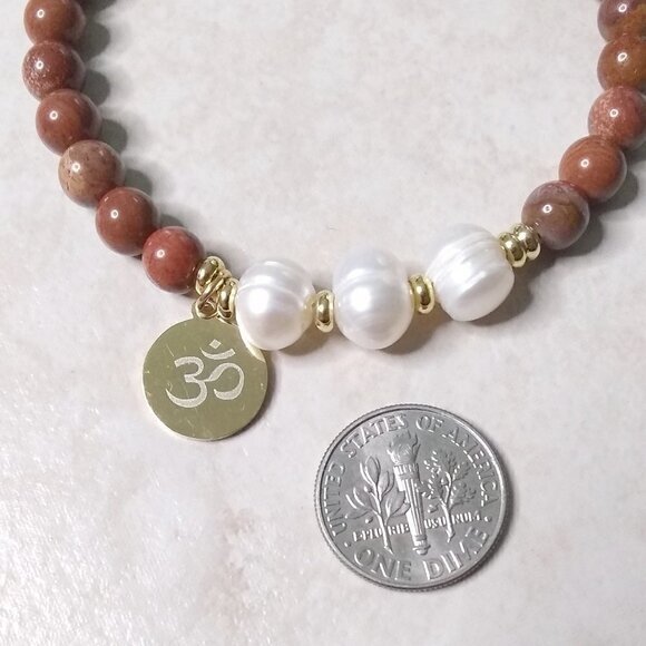 Gold Om Ohm Aum + Genuine Freshwater Pearls + Red Jasper - Mindfulness Bracelet